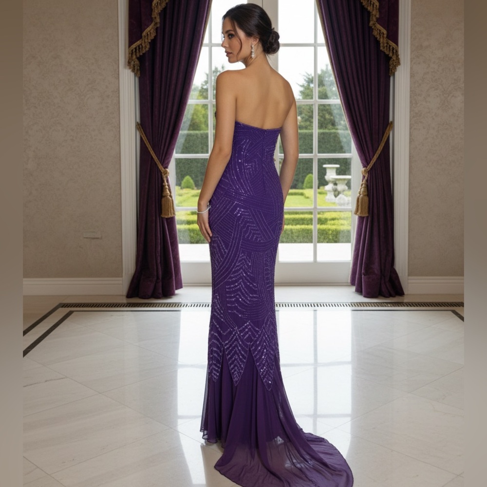 Purple Sequin hand beaded on Power mesh Strapless Evening Dress - Picture 6 of 9
